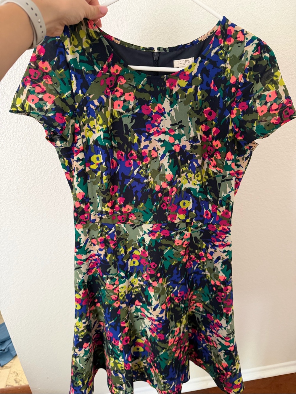 J. Crew Bright Floral Fit-and-Flare Dress in Navy, Pink & Green